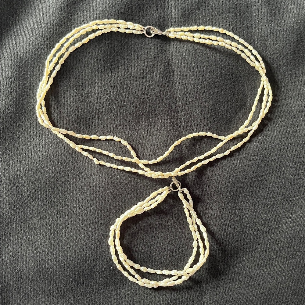 Heirloom Fresh Water Pearl Beaded Triple Strand 17" Necklace and 8" Bracelet Set